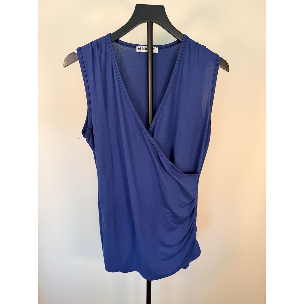 Doublju Womens Navy Blue Sleeveless Wrap V-Neck Ruched Blouse Top XL AWTTK0510